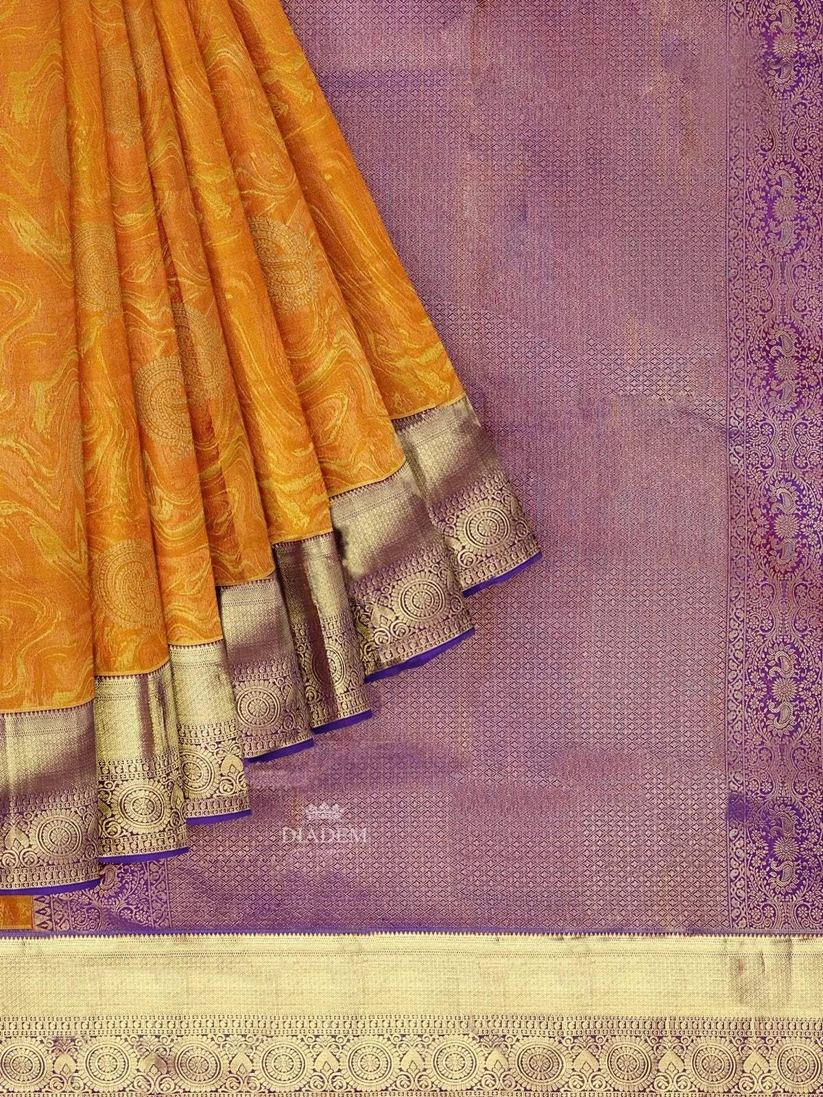 Mustard Pure Kanchi Pattu Saree with Paisley Motif on the body and Contrast Zari Border - Diadem