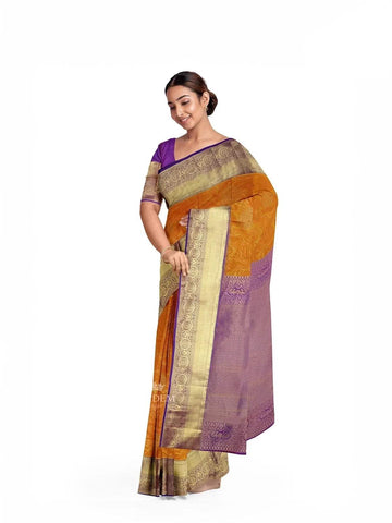 Mustard Pure Kanchi Pattu Saree with Paisley Motif on the body and Contrast Zari Border - Diadem