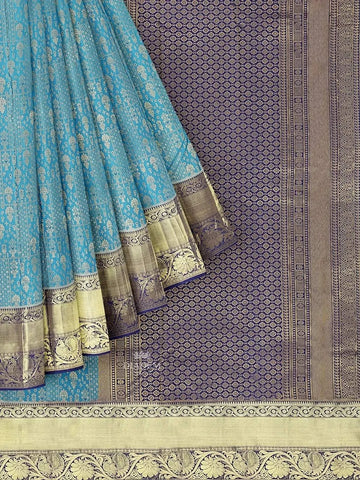 Blue Pure Kanchipuram Saree with Zari Brocade on the body and Contrast Zari Border - Diadem