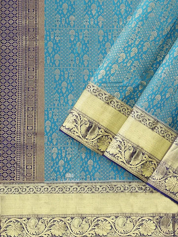 Blue Pure Kanchipuram Saree with Zari Brocade on the body and Contrast Zari Border - Diadem