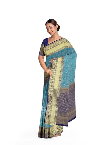 Blue Pure Kanchipuram Saree with Zari Brocade on the body and Contrast Zari Border - Diadem