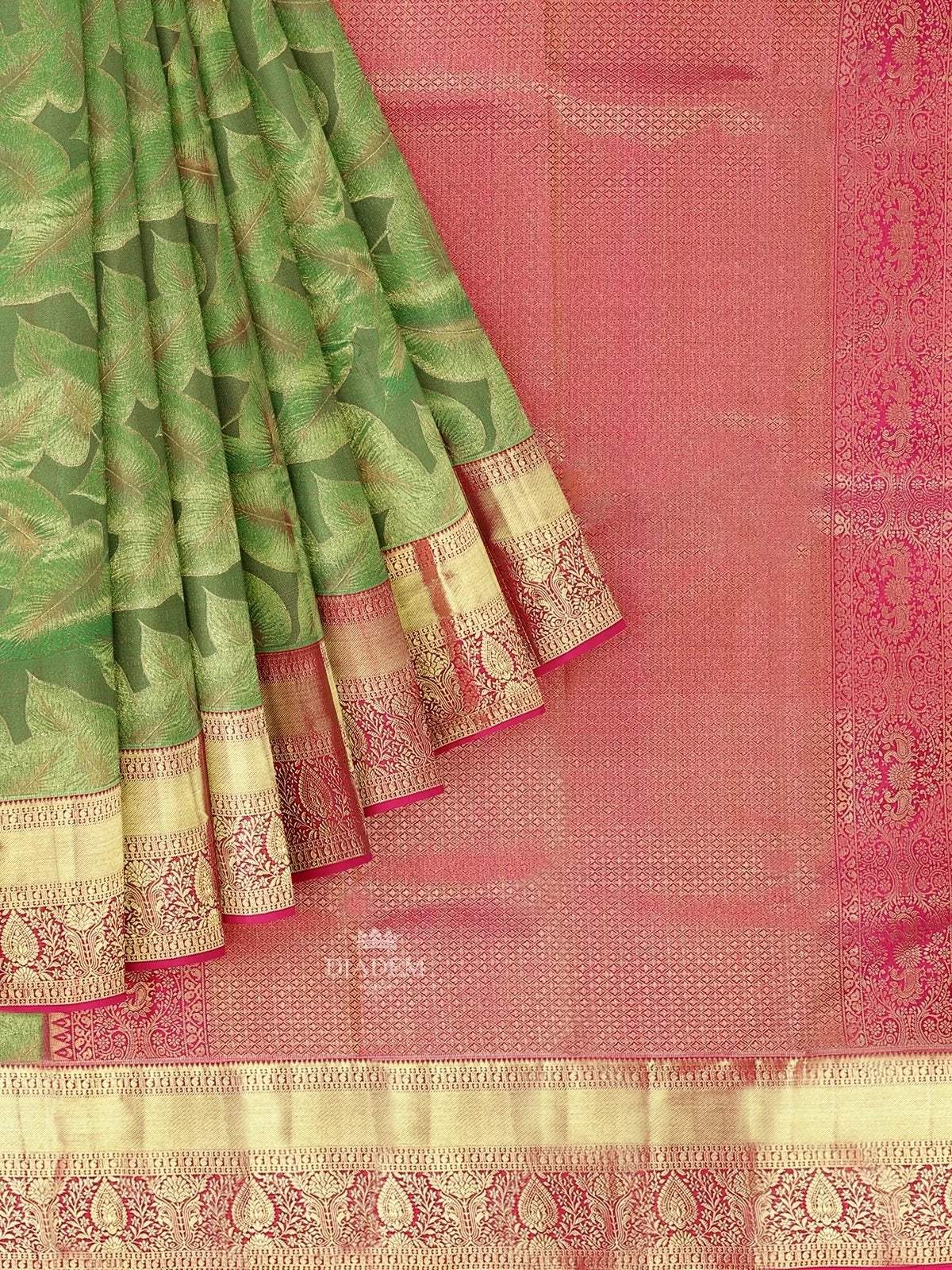 Parrot Green Pure Kanchipuram Silk Saree with Floral Motif on the body and Contrast Zari Border - Diadem