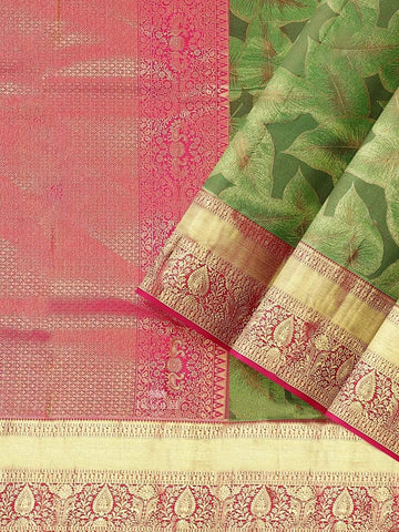 Parrot Green Pure Kanchipuram Silk Saree with Floral Motif on the body and Contrast Zari Border - Diadem