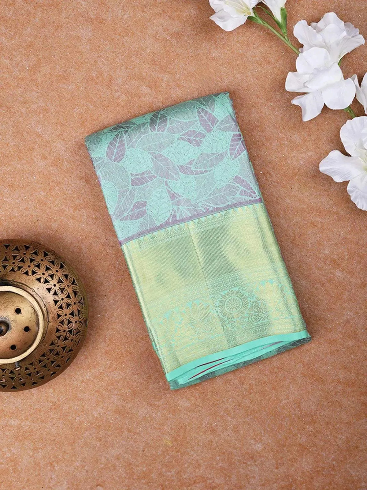 Turquoise Green Kanchipuram Bridal Silk Saree with Leaf Motifs - Diadem