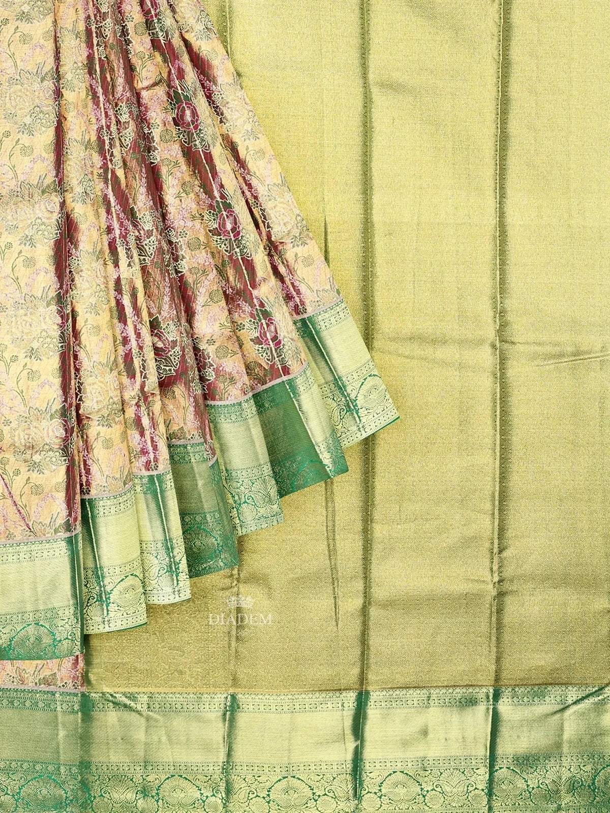 Gold with Mustard Dual Tone Pure Kanchipuram Bridal Silk Saree with Floral Motif on the body and Contrast Zari Border - Diadem
