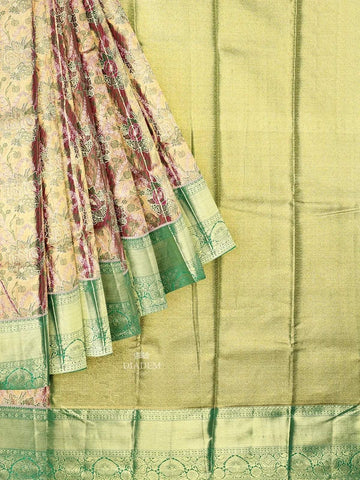 Gold with Mustard Dual Tone Pure Kanchipuram Bridal Silk Saree with Floral Motif on the body and Contrast Zari Border - Diadem