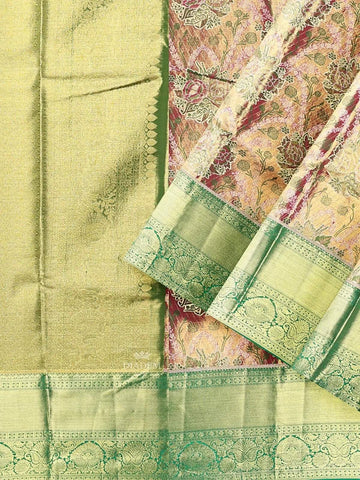 Gold with Mustard Dual Tone Pure Kanchipuram Bridal Silk Saree with Floral Motif on the body and Contrast Zari Border - Diadem