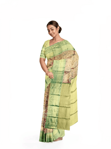 Gold with Mustard Dual Tone Pure Kanchipuram Bridal Silk Saree with Floral Motif on the body and Contrast Zari Border - Diadem
