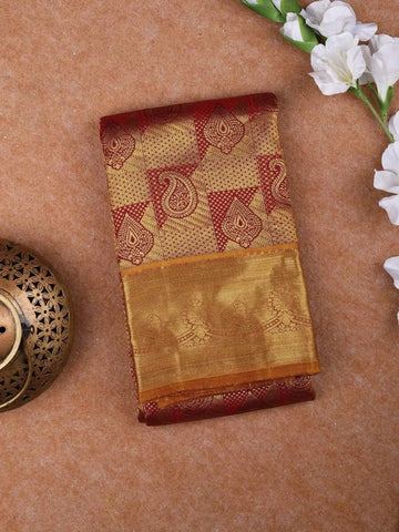 Maroon Pure Kanchipuram Bridal Silk Saree with Paisley and Floral Jacquard on the Body with Designed Border - Diadem