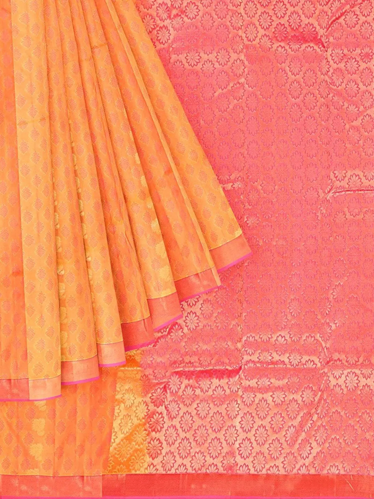Orange Colour Silk Saree with Floral Motif on the body and Contrast Zari Border - Diadem