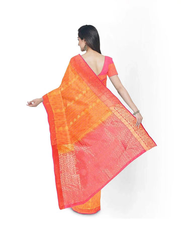 Orange Colour Silk Saree with Floral Motif on the body and Contrast Zari Border - Diadem