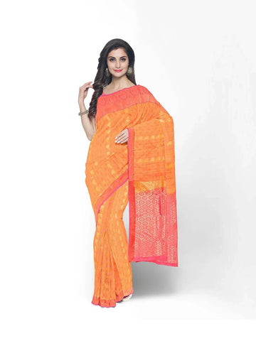 Orange Colour Silk Saree with Floral Motif on the body and Contrast Zari Border - Diadem