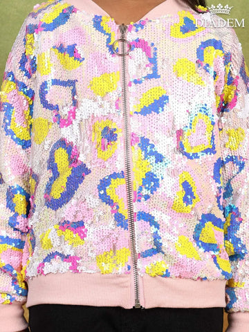 Light Pink Sequined Full-Sleeve Bomber Jacket - Diadem