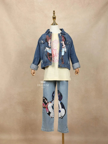Yellow T-Shirt with teddy sequence paired with blue denim jacket and pant adorned with Mickey Mouse - Diadem