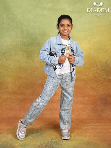 Denim Blue Full-Sleeve Jacket with Applique - Diadem