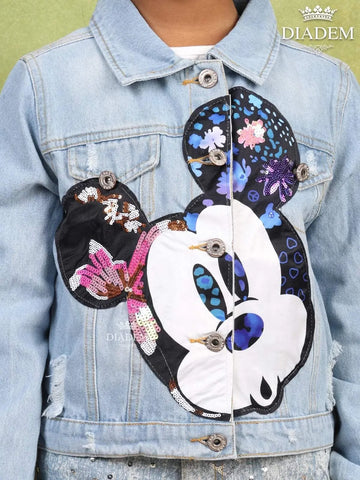 Denim Blue Full-Sleeve Jacket with Applique - Diadem