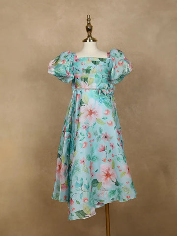 Blue Floral Designed Party Gown for Girls - Diadem
