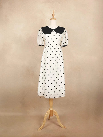 Off White Frock with Dotted Print and Peter Pan Neck - Diadem
