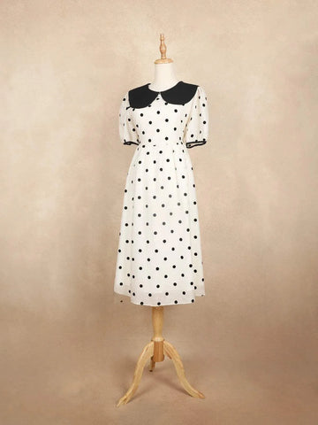 Off White Frock with Dotted Print and Peter Pan Neck - Diadem