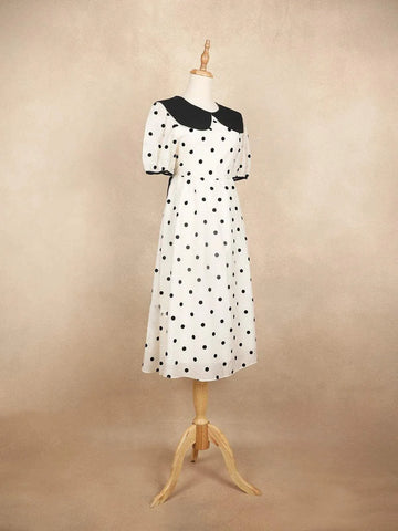 Off White Frock with Dotted Print and Peter Pan Neck - Diadem