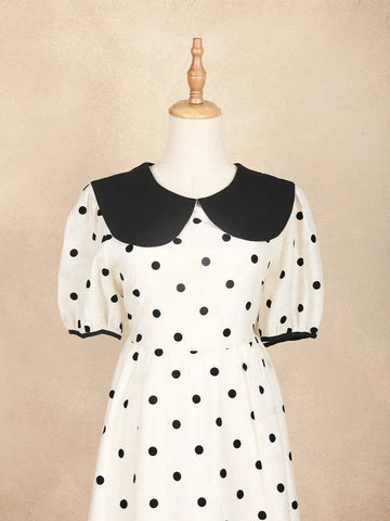 Off White Frock with Dotted Print and Peter Pan Neck - Diadem