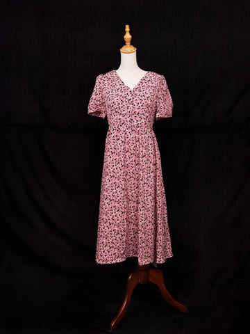 Pink Gown Adorned with Small Floral Designs - Diadem