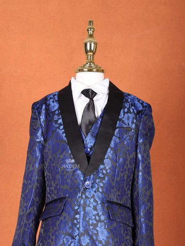 Royal Blue Raw Silk Tuxedo Coat Suit with attached Tie - Diadem
