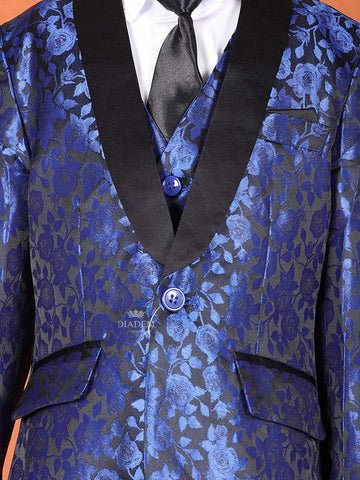 Royal Blue Raw Silk Tuxedo Coat Suit with attached Tie - Diadem