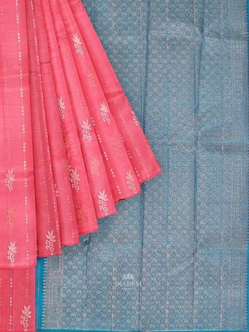 Pink Kanchipuram Bridal Silk Saree with Stripes and No Border - Diadem