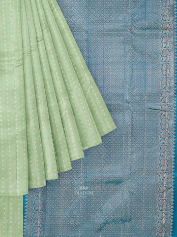 Pista Green Pure Kanchipuram Saree with Zari Butta on the body and Without Border - Diadem