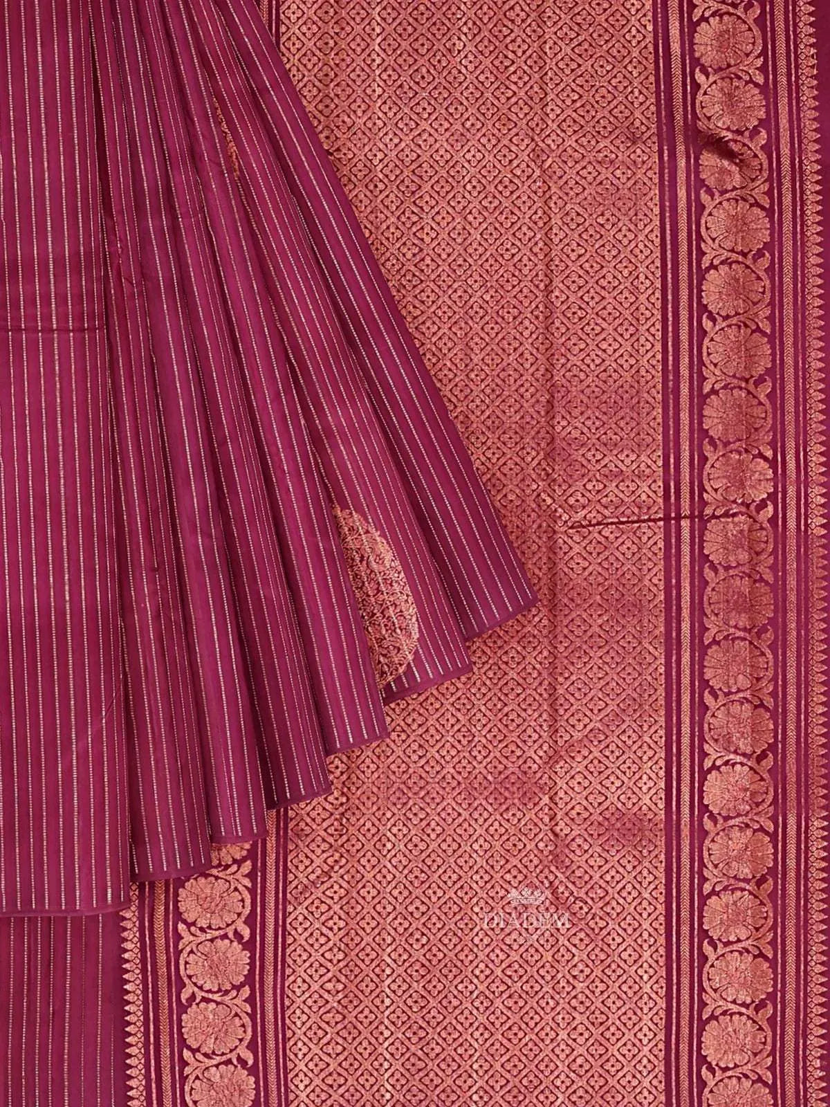 Burgundy Kanchipuram Bridal Silk Saree with Stripes & Paisley Design - Diadem