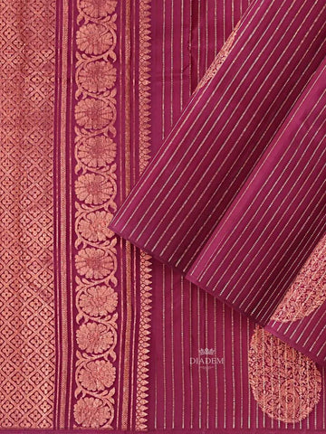 Burgundy Kanchipuram Bridal Silk Saree with Stripes & Paisley Design - Diadem