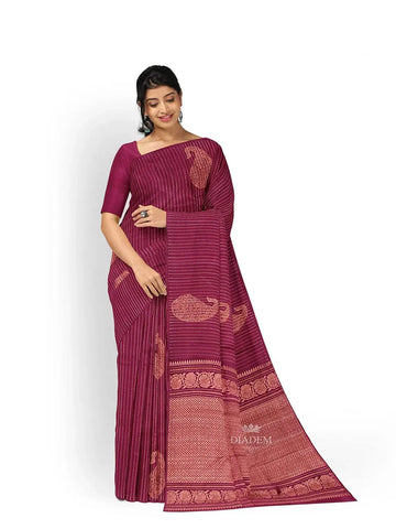 Burgundy Kanchipuram Bridal Silk Saree with Stripes & Paisley Design - Diadem