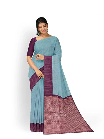 Teal Blue Pure Kanchipuram Bridal Silk Saree with Plain Design on the Body and Contrast Border - Diadem