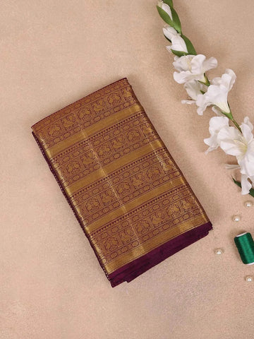 Burgundy Pure Kanchipuram Bridal Silk Saree with Stripes Floral Design on the Body with Zari Border - Diadem