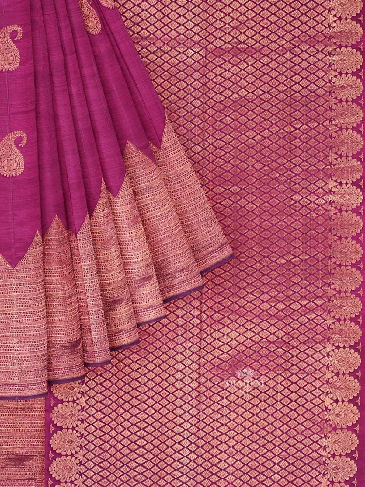 Burgundy Pure Kanchipuram Bridal Silk Saree with Paisley Motif on the body and Zari Border - Diadem