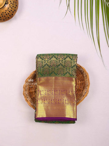 Dark Green Pure Kanchipuram Bridal Silk Saree with Zari Brocade on the body and Contrast Zari Border - Diadem