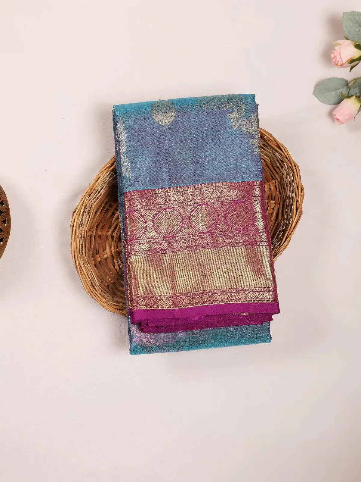 Blue Pure Kanchipuram Bridal Silk Saree with Floral Motif on the body and Contrast Zari Border - Diadem
