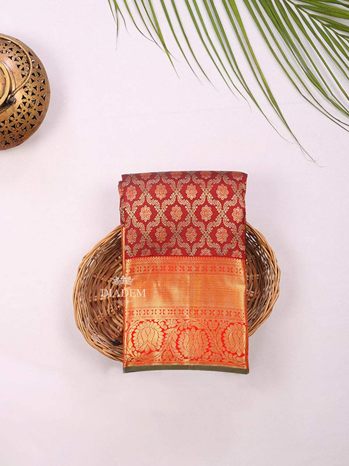 Maroon Pure Kanchipuram Bridal Silk Saree with Floral Motif on the body and Zari Border - Diadem