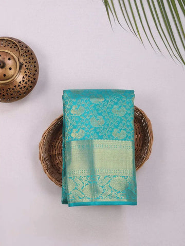 Aqua Green Pure Kanchipuram Bridal Silk Saree with Zari Floral Motif - Diadem