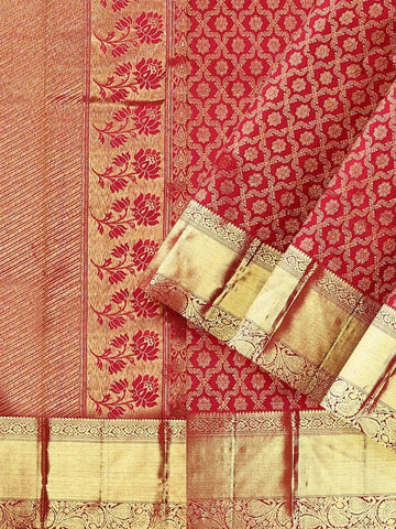 Red Pure Kanchipuram Bridal Silk Saree with Zari Brocade on the body and Dense Zari Border - Diadem