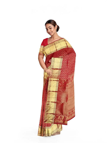 Red Pure Kanchipuram Bridal Silk Saree with Zari Brocade on the body and Dense Zari Border - Diadem