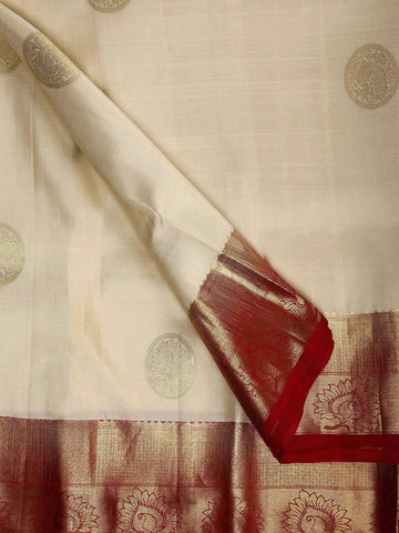 White Pure Kanchipuram Silk Saree with Peacock Chakaram on the Body with Contrast Border - Diadem