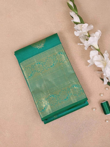 Teal Green Pure Kanchipuram Bridal Silk Saree with Flower Motifs on the Body with Zari Border - Diadem