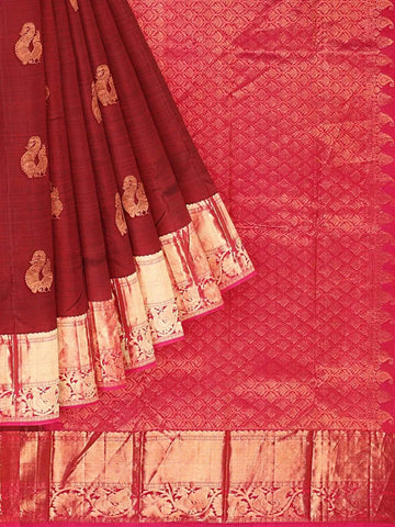 Dark Red Pure Kanchipuram Saree with Peacock Motif on the Body and Zari Border - Diadem