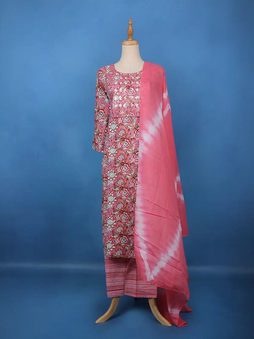 Pink Floral Printed Cotton Straight Cut Salwar Suit - Diadem