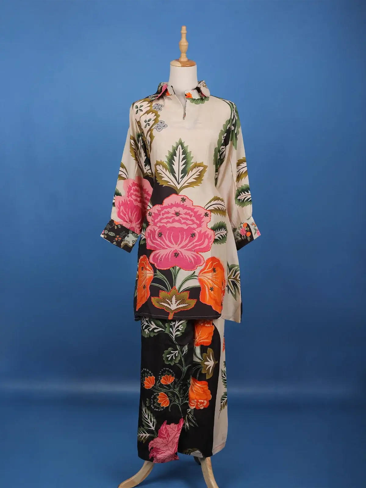 Light Beige Floral Printed Cotton Palazzo Suit - Diadem