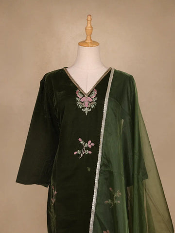 Green Floral Designed Velvet Co Ord Salwar Suit - Diadem