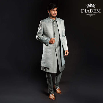 Pastel Green Raw Silk Geometric Circular Designed Sherwani Suit - Diadem