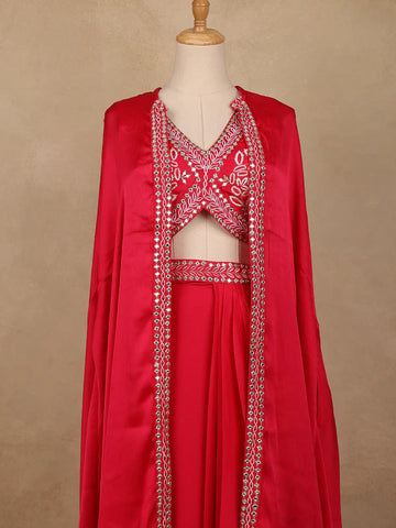 Vibrant Red Sequin Embellished Georgette Crop Top with Draped Skirt - Diadem